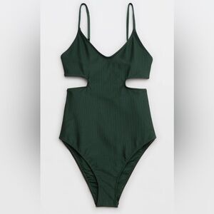 NWT Aerie Shine Rib Voop Cheeky One Piece Swimsuit in Sycamore Forest Green